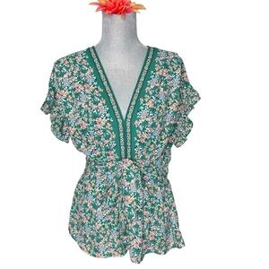 Max Studio Top Green Floral Ruffle Sleeve Waist Tie size L